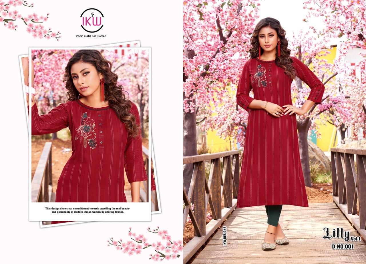 LILLY VOL-1 BY IKW 001 TO 008 SERIES DESIGNER STYLISH FANCY COLORFUL BEAUTIFUL PARTY WEAR & ETHNIC WEAR COLLECTION VISCOSE KURTIS AT WHOLESALE PRICE