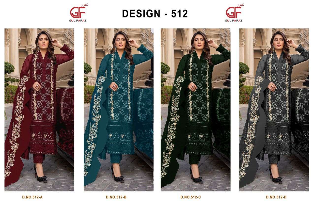 GUL FARAZ 512 COLOURS BY GUL FARAZ 512-A TO 512-D SERIES BEAUTIFUL PAKISTANI SUITS COLORFUL STYLISH FANCY CASUAL WEAR & ETHNIC WEAR NET EMBROIDERED DRESSES AT WHOLESALE PRICE