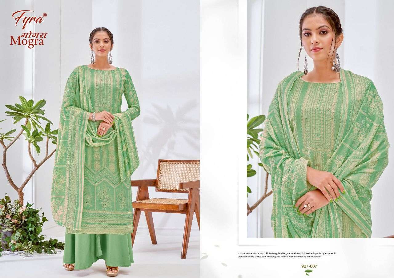 MOGRA 927 SERIES BY FYRA 927-001 TO 927-008 SERIES BEAUTIFUL STYLISH SUITS FANCY COLORFUL CASUAL WEAR & ETHNIC WEAR & READY TO WEAR PURE COTTON PRINTED DRESSES AT WHOLESALE PRICE