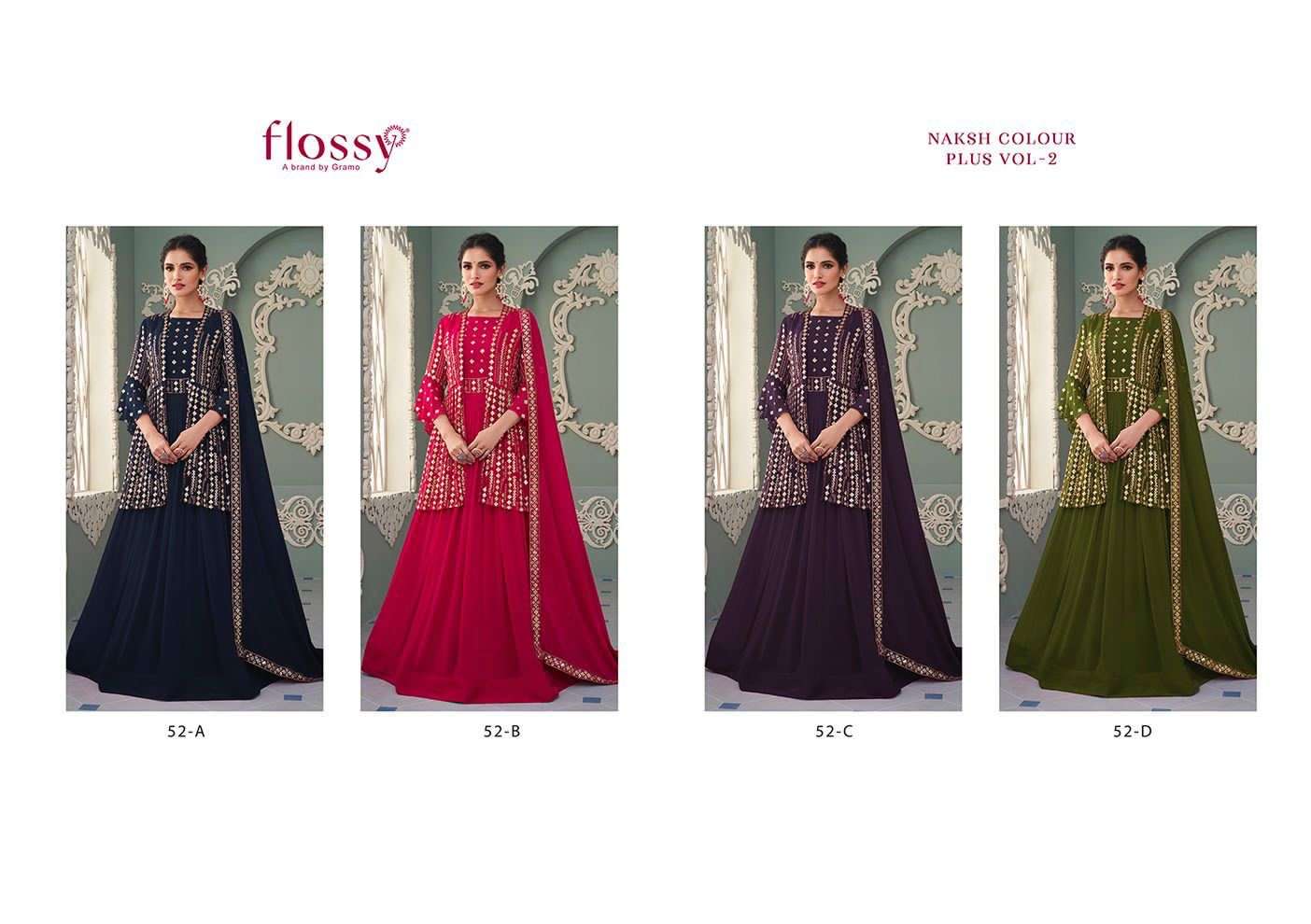 NAKSH COLOUR PLUS VOL-2 BY FLOSSY 52-A TO 52-D SERIES BEAUTIFUL SUITS COLORFUL STYLISH FANCY CASUAL WEAR & ETHNIC WEAR HEAVY REAL GEORGETTE DRESSES AT WHOLESALE PRICE