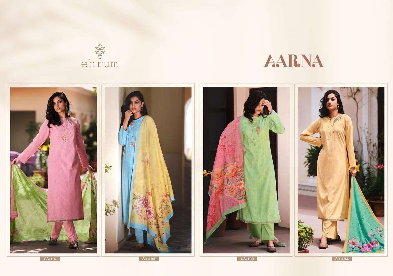 AARNA BY EHRUM 191 TO 194 SERIES BEAUTIFUL SUITS COLORFUL STYLISH FANCY CASUAL WEAR & ETHNIC WEAR COTTON EMBROIDERED DRESSES AT WHOLESALE PRICE