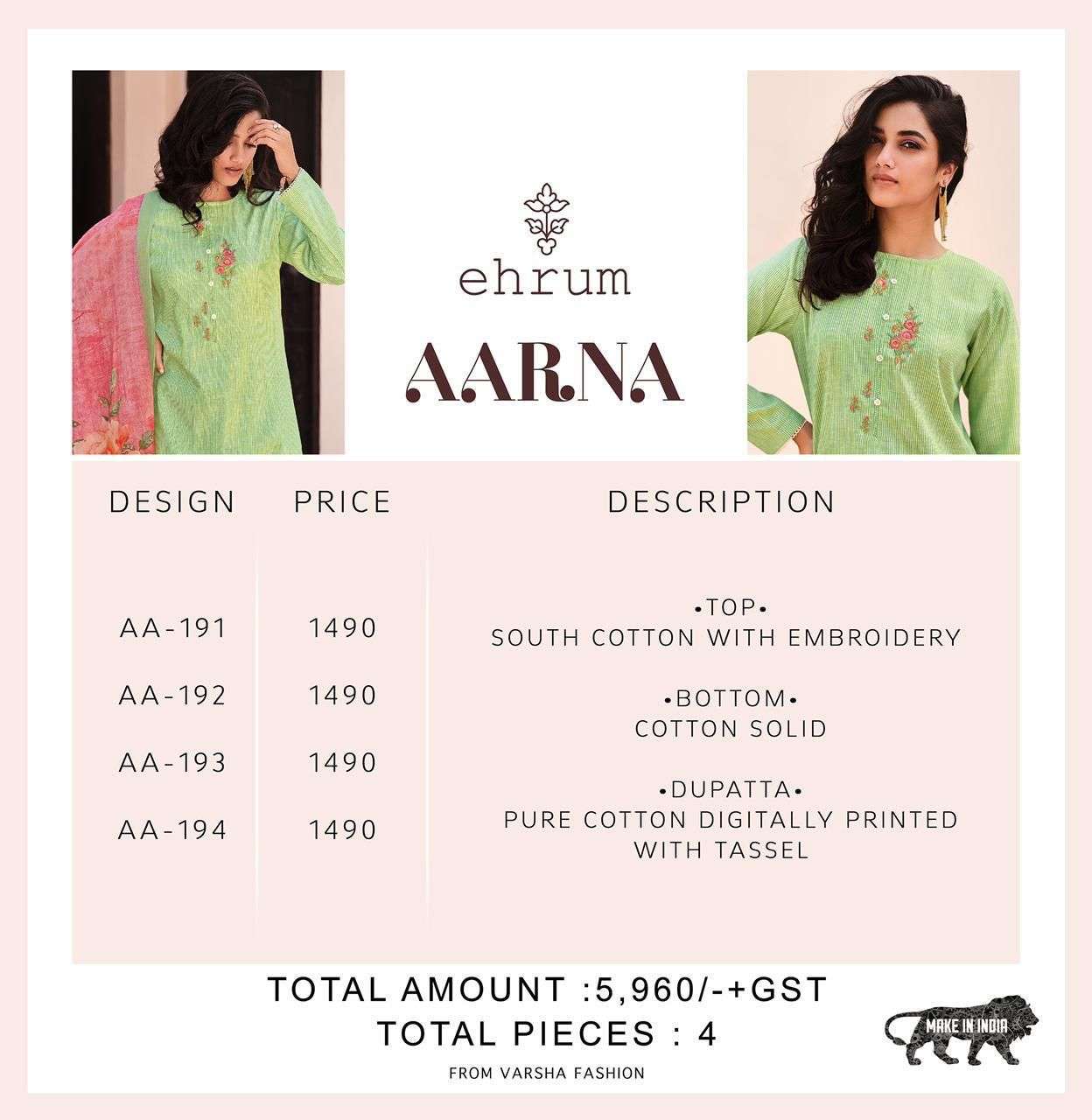 AARNA BY EHRUM 191 TO 194 SERIES BEAUTIFUL SUITS COLORFUL STYLISH FANCY CASUAL WEAR & ETHNIC WEAR COTTON EMBROIDERED DRESSES AT WHOLESALE PRICE