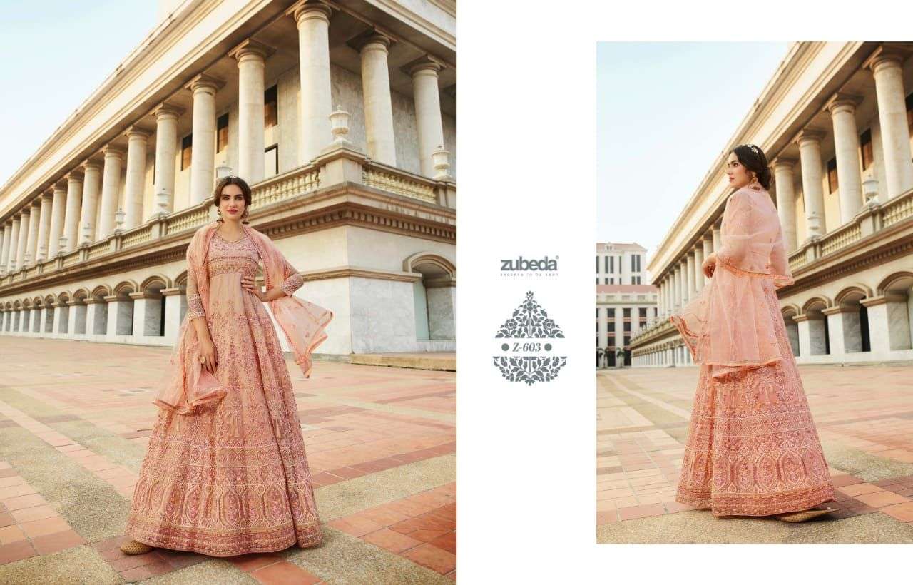EIRA BY ZUBEDA 601 TO 604 SERIES BEAUTIFUL SUITS COLORFUL STYLISH FANCY CASUAL WEAR & ETHNIC WEAR NET DRESSES AT WHOLESALE PRICE