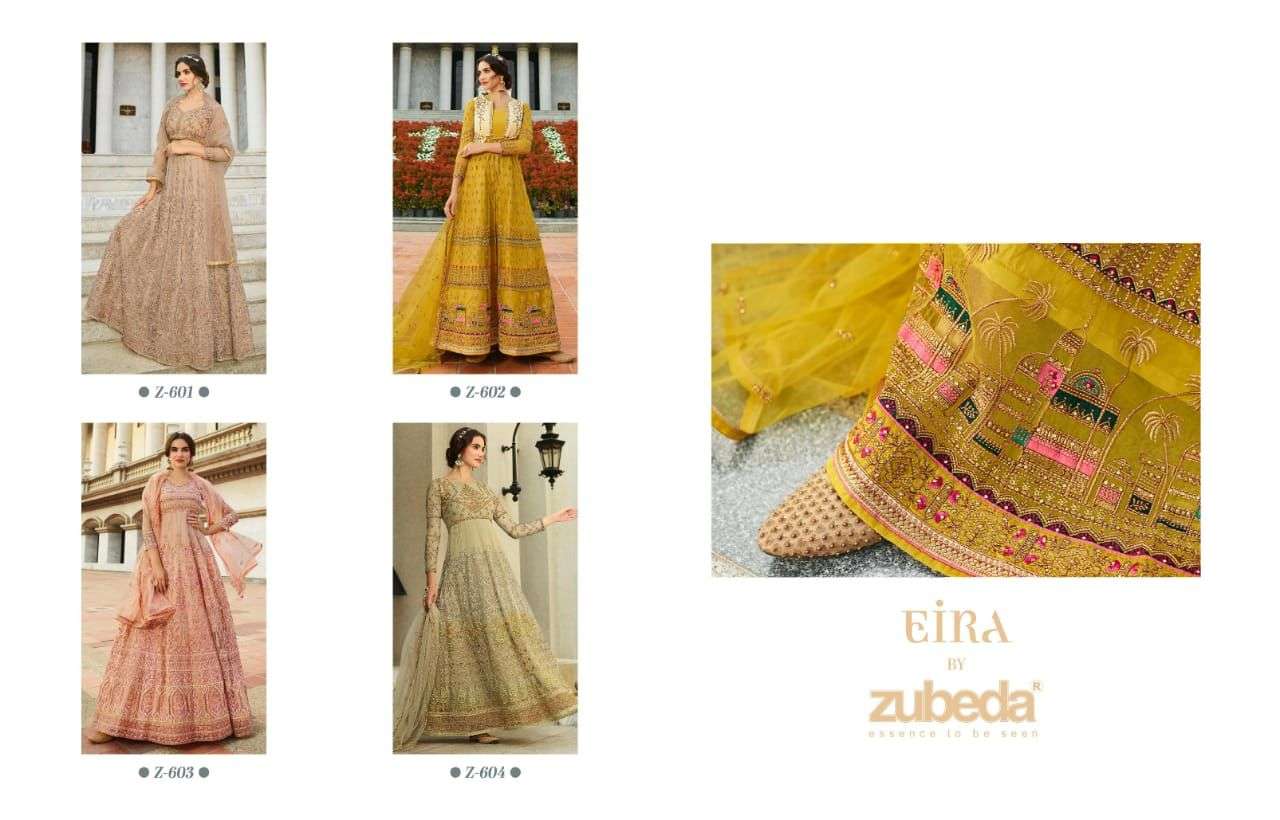 EIRA BY ZUBEDA 601 TO 604 SERIES BEAUTIFUL SUITS COLORFUL STYLISH FANCY CASUAL WEAR & ETHNIC WEAR NET DRESSES AT WHOLESALE PRICE