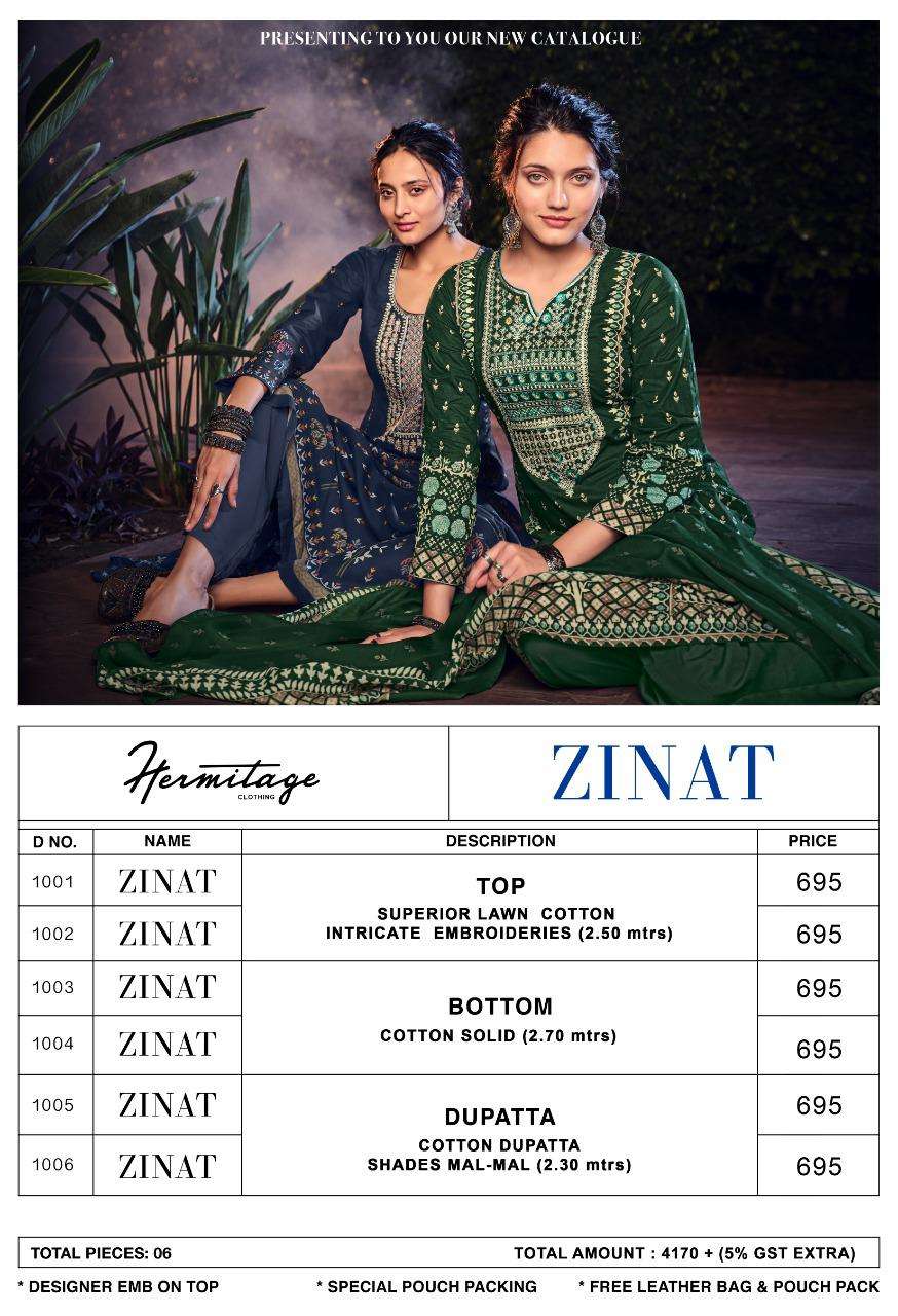 ZINAT BY HERMITAGE 1001 TO 1006 SERIES BEAUTIFUL SUITS COLORFUL STYLISH FANCY CASUAL WEAR & ETHNIC WEAR LAWN COTTON EMBROIDERED DRESSES AT WHOLESALE PRICE