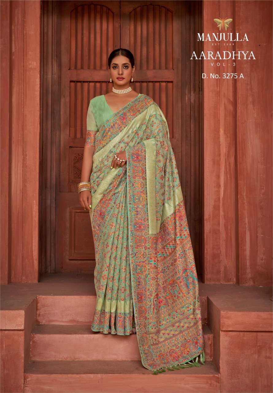 AARADHYA VOL-3 BY MANJULA 3275-A TO 3275-F SERIES INDIAN TRADITIONAL WEAR COLLECTION BEAUTIFUL STYLISH FANCY COLORFUL PARTY WEAR & OCCASIONAL WEAR SOFT SILK SAREES AT WHOLESALE PRICE