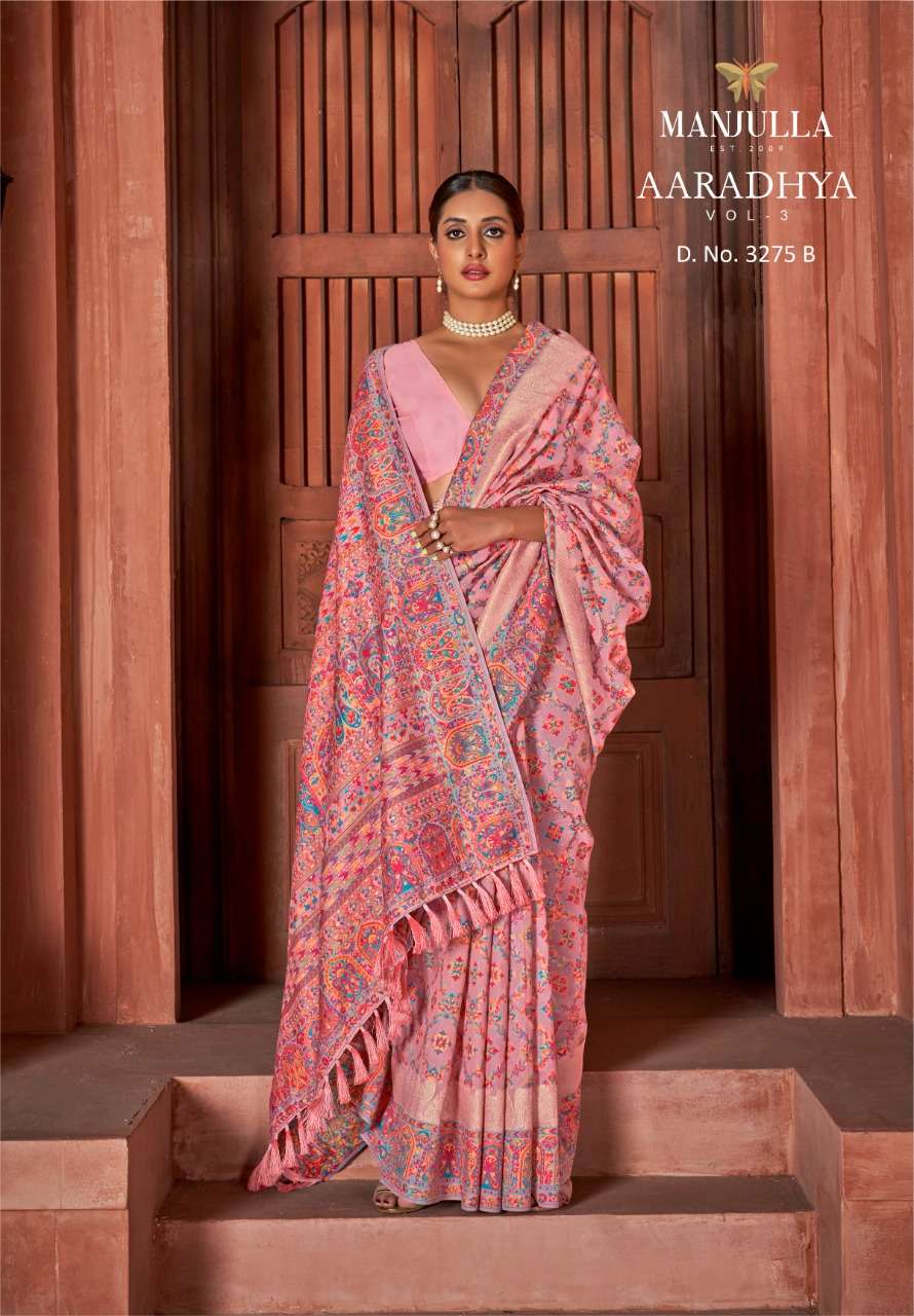 AARADHYA VOL-3 BY MANJULA 3275-A TO 3275-F SERIES INDIAN TRADITIONAL WEAR COLLECTION BEAUTIFUL STYLISH FANCY COLORFUL PARTY WEAR & OCCASIONAL WEAR SOFT SILK SAREES AT WHOLESALE PRICE