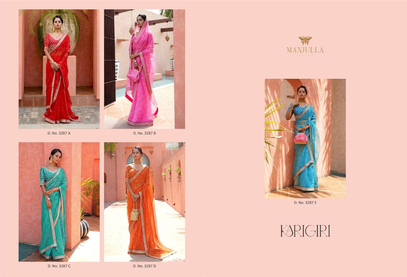 KARIGIRI BY MANJULA 3287-A TO 3287-E SERIES INDIAN TRADITIONAL WEAR COLLECTION BEAUTIFUL STYLISH FANCY COLORFUL PARTY WEAR & OCCASIONAL WEAR ORGANZA SAREES AT WHOLESALE PRICE