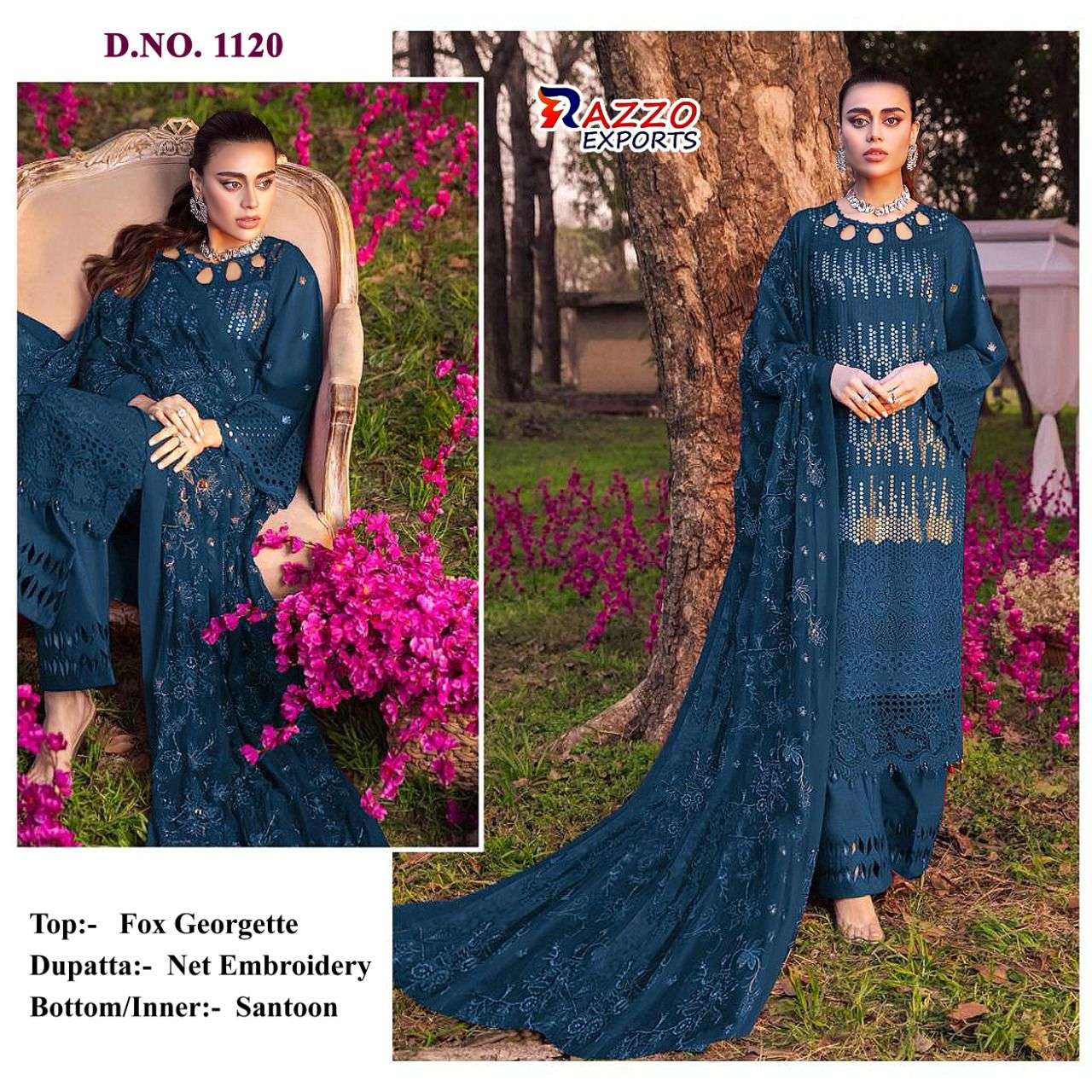 RAZZO VOL-6 HIT COLLECTION BY RAZZO EXPORTS 1119 TO 1121 SERIES DESIGNER BEAUTIFUL STYLISH PAKISATNI SUITS FANCY COLORFUL CASUAL WEAR & ETHNIC WEAR & READY TO WEAR FAUX GEORGETTE EMBROIDERY DRESSES AT WHOLESALE PRICE
