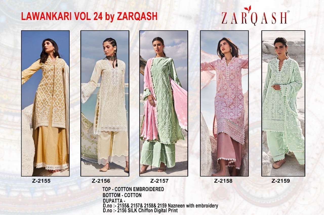 Lawnkari Vol-24 By Zarqash 2155 To 2159 Series Designer Pakistani Suits Beautiful Stylish Fancy Colorful Party Wear & Occasional Wear Pure Cotton Embroidered Dresses At Wholesale Price