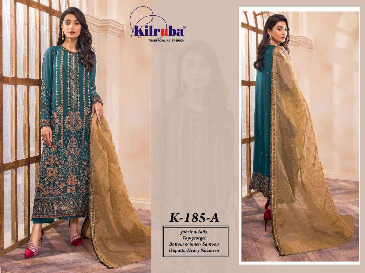 KILRUBA HIT DESIGN K-185 COLOURS BY KILRUBA K-185 TO K-185-A SERIES DESIGNER FESTIVE PAKISTANI SUITS COLLECTION BEAUTIFUL STYLISH FANCY COLORFUL PARTY WEAR & OCCASIONAL WEAR GEORGETTE EMBROIDERED DRESSES AT WHOLESALE PRICE