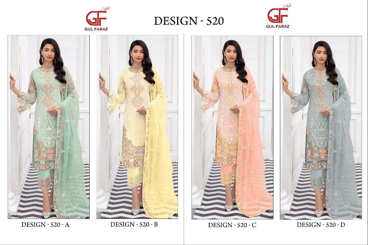 GUL FARAZ 520 COLOURS BY GUL FARAZ 520-A TO 520-D SERIES BEAUTIFUL PAKISTANI SUITS COLORFUL STYLISH FANCY CASUAL WEAR & ETHNIC WEAR FAUX GEORGETTE EMBROIDERED DRESSES AT WHOLESALE PRICE