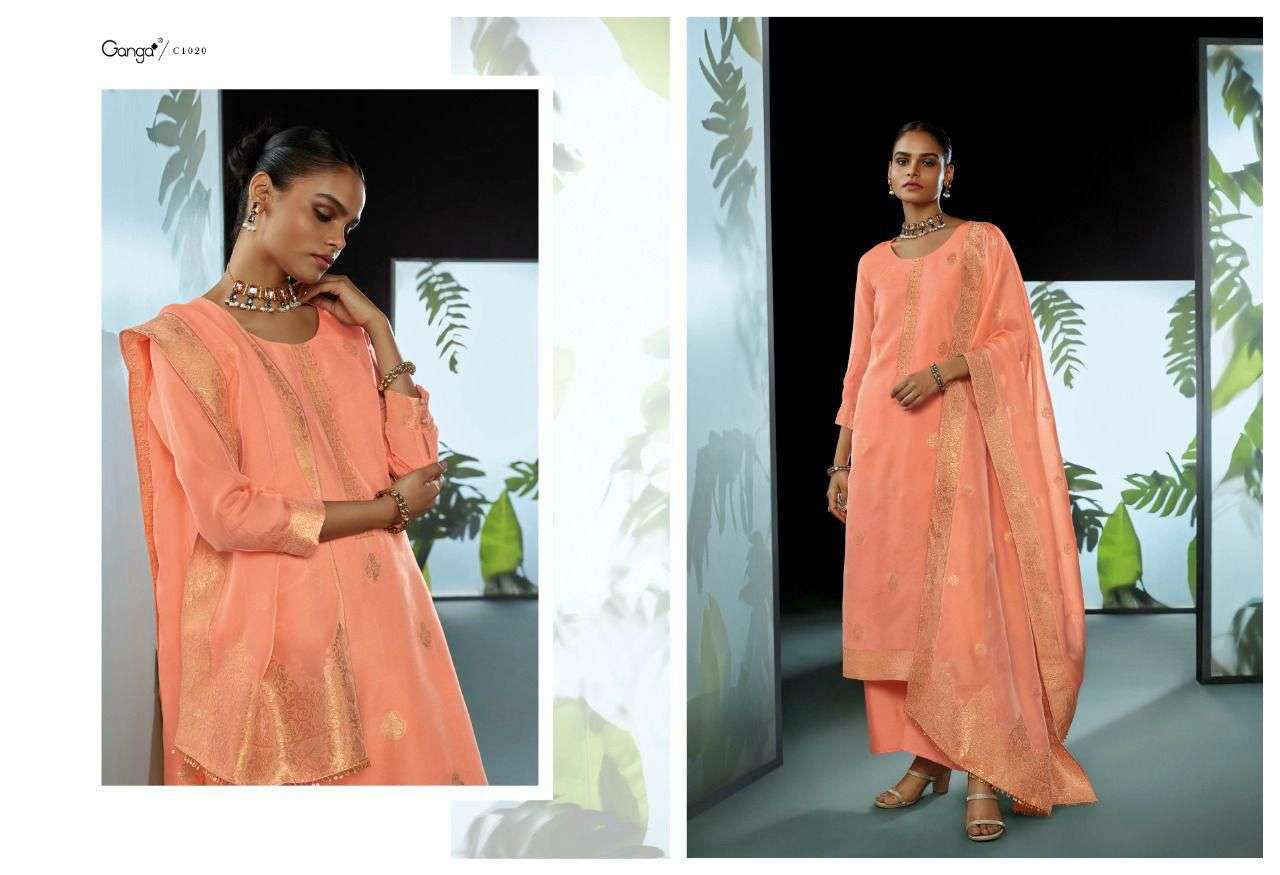 PRAKAMA BY GANGA FASHION 1020 TO 1025 SERIES BEAUTIFUL SUITS COLORFUL STYLISH FANCY CASUAL WEAR & ETHNIC WEAR ORGANZA JACQUARD DRESSES AT WHOLESALE PRICE