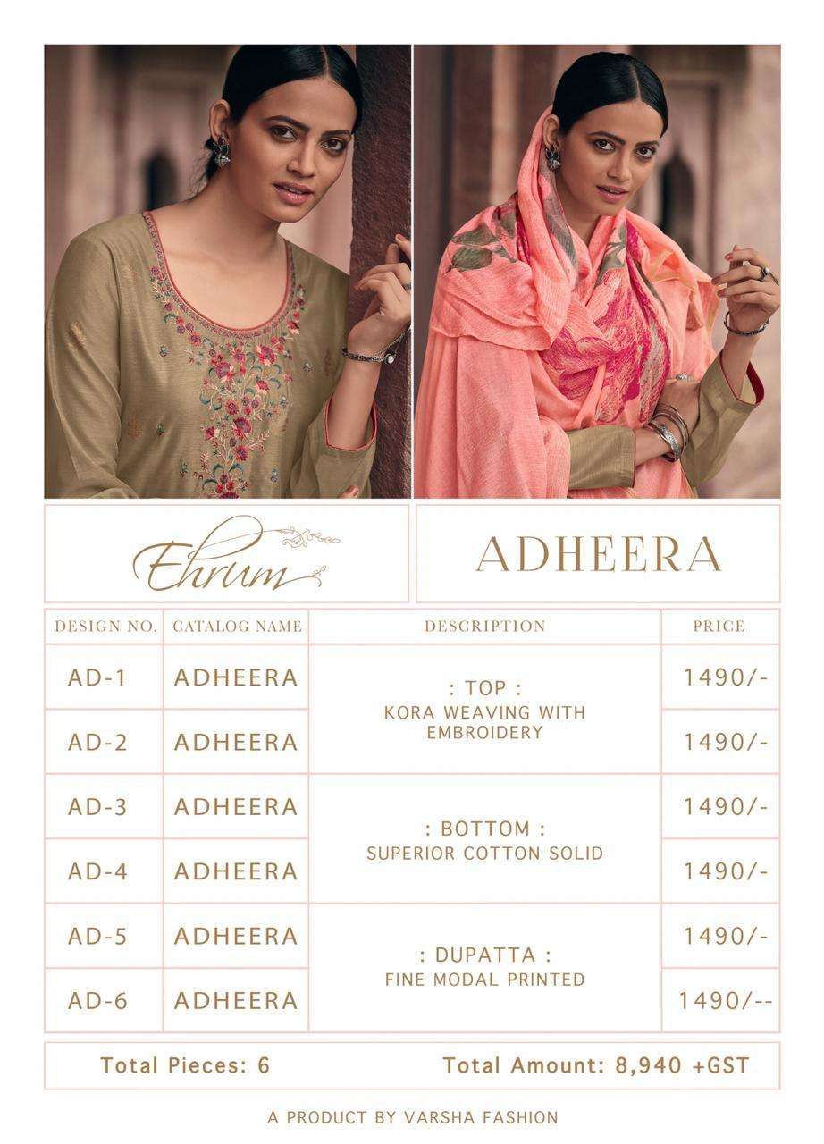 ADHEERA BY EHRUM 01 TO 06 SERIES BEAUTIFUL SUITS COLORFUL STYLISH FANCY CASUAL WEAR & ETHNIC WEAR KORA WEAVING DRESSES AT WHOLESALE PRICE