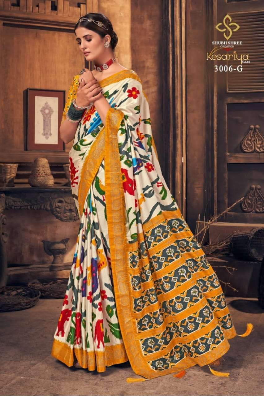 KESARIYA 3006 COLOURS BY SHUBH SHREE 3006-A TO 3006-G SERIES INDIAN TRADITIONAL WEAR COLLECTION BEAUTIFUL STYLISH FANCY COLORFUL PARTY WEAR & OCCASIONAL WEAR TUSSAR SILK SAREES AT WHOLESALE PRICE