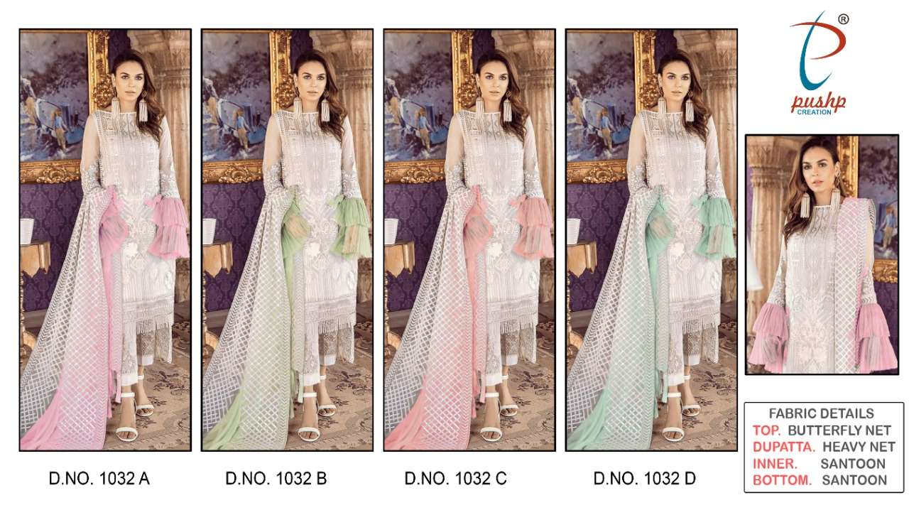 PUSHP HIT DESIGN 1032 COLOURS BY PUSHP CREATION 1032-A TO 1032-D SERIES DESIGNER PAKISTANI SUITS BEAUTIFUL STYLISH FANCY COLORFUL PARTY WEAR & OCCASIONAL WEAR NET EMBROIDERED DRESSES AT WHOLESALE PRICE