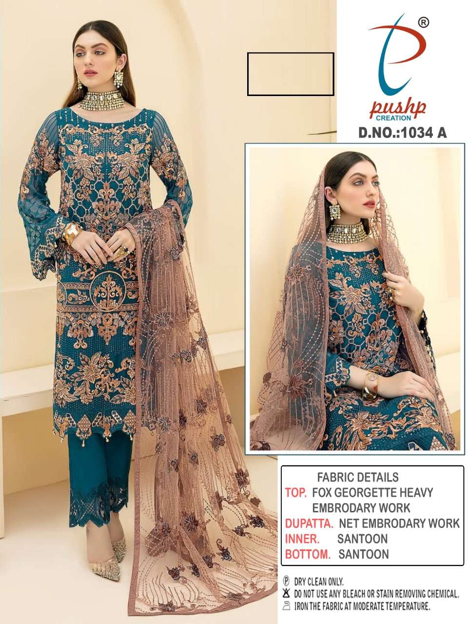 PUSHP HIT DESIGN 1034 COLOURS BY PUSHP CREATION 1034-A TO 1034-C SERIES DESIGNER PAKISTANI SUITS BEAUTIFUL STYLISH FANCY COLORFUL PARTY WEAR & OCCASIONAL WEAR FAUX GEORGETTE EMBROIDERED DRESSES AT WHOLESALE PRICE