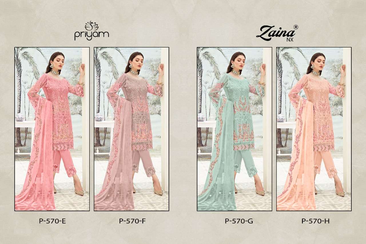 ZAINA 570 COLOURS VOL-2 BY PRIYAM 570-E TO 570-H SERIES PAKISTANI SUITS BEAUTIFUL STYLISH FANCY COLORFUL PARTY WEAR & OCCASIONAL WEAR FAUX GEORGETTE EMBROIDERED DRESSES AT WHOLESALE PRICE