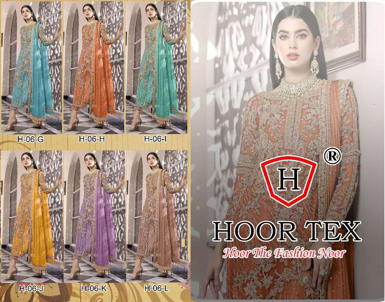 HOOR TEX HIT DESIGN H-06 COLOURS BY HOOR TEX H-06-G TO H-06-L SERIES DESIGNER FESTIVE PAKISTANI SUITS COLLECTION BEAUTIFUL STYLISH FANCY COLORFUL PARTY WEAR & OCCASIONAL WEAR NET EMBROIDERED DRESSES AT WHOLESALE PRICE