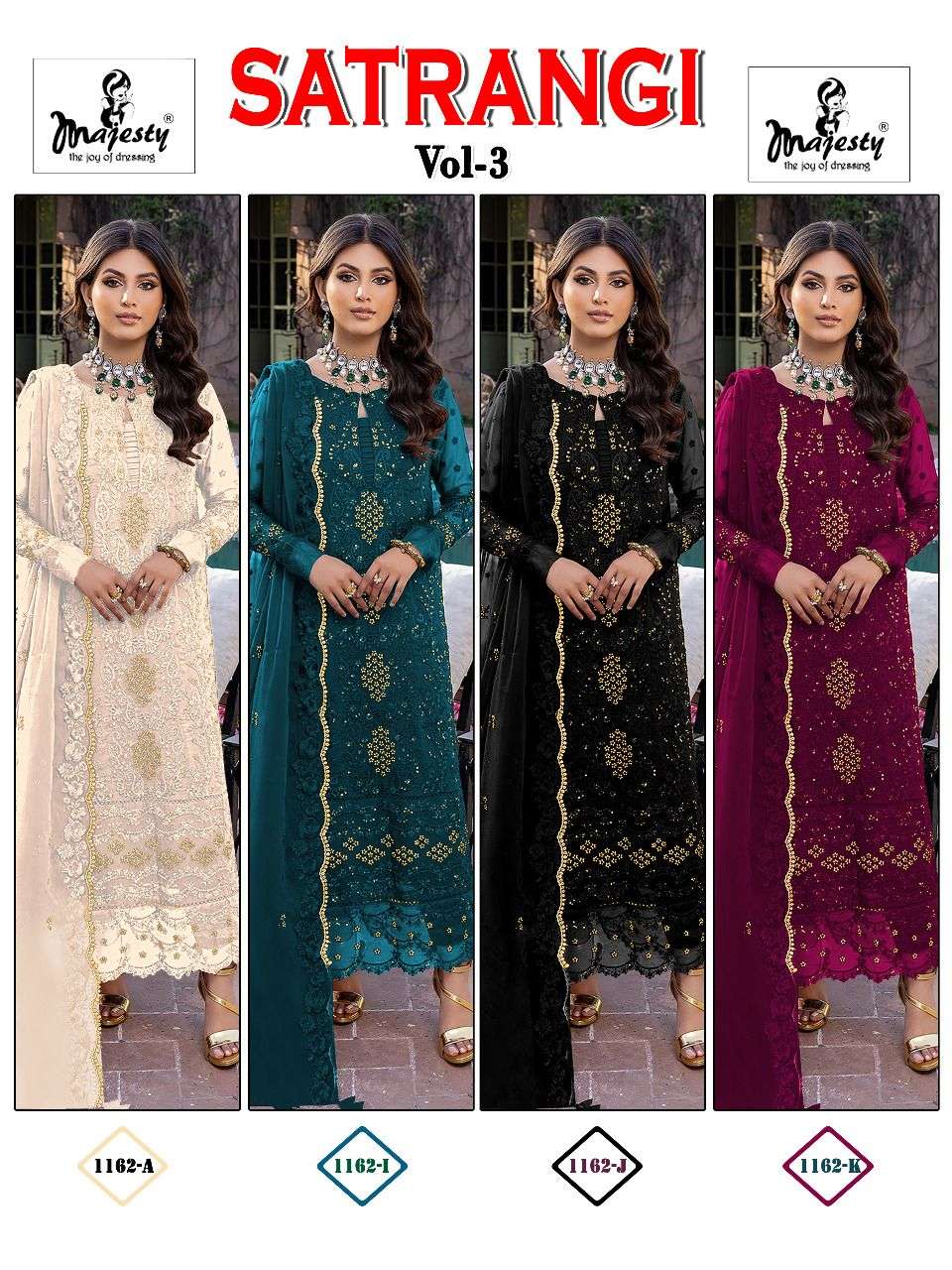 SATRANGI VOL-3 BY MAJESTY BEAUTIFUL PAKISTANI SUITS COLORFUL STYLISH FANCY CASUAL WEAR & ETHNIC WEAR FAUX GEORGETTE DRESSES AT WHOLESALE PRICE