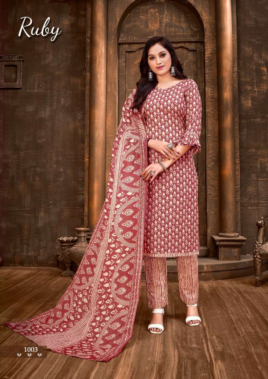 RUBY BY SKT SUITS 1001 TO 1008 SERIES BEAUTIFUL SUITS COLORFUL STYLISH FANCY CASUAL WEAR & ETHNIC WEAR SOFT COTTON PRINT DRESSES AT WHOLESALE PRICE