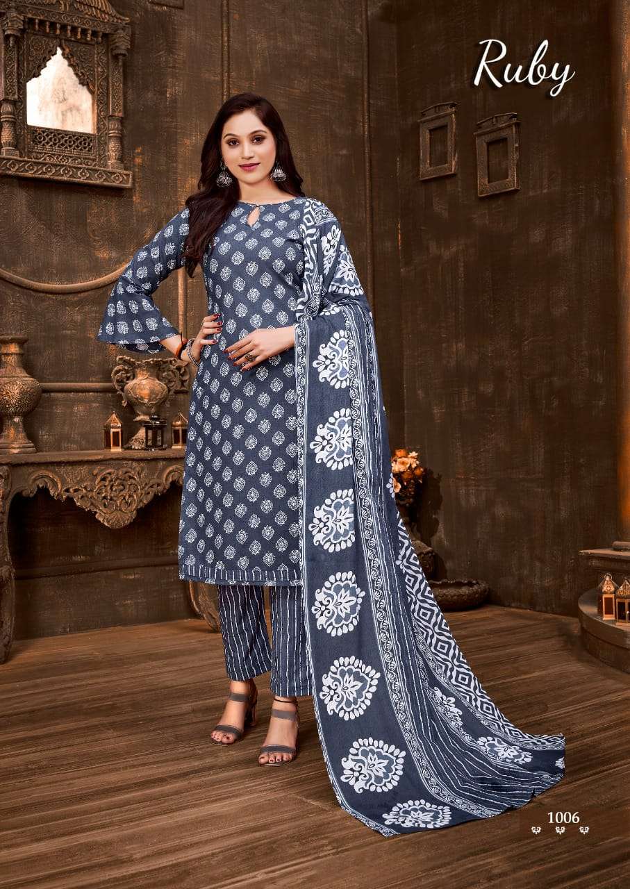 RUBY BY SKT SUITS 1001 TO 1008 SERIES BEAUTIFUL SUITS COLORFUL STYLISH FANCY CASUAL WEAR & ETHNIC WEAR SOFT COTTON PRINT DRESSES AT WHOLESALE PRICE
