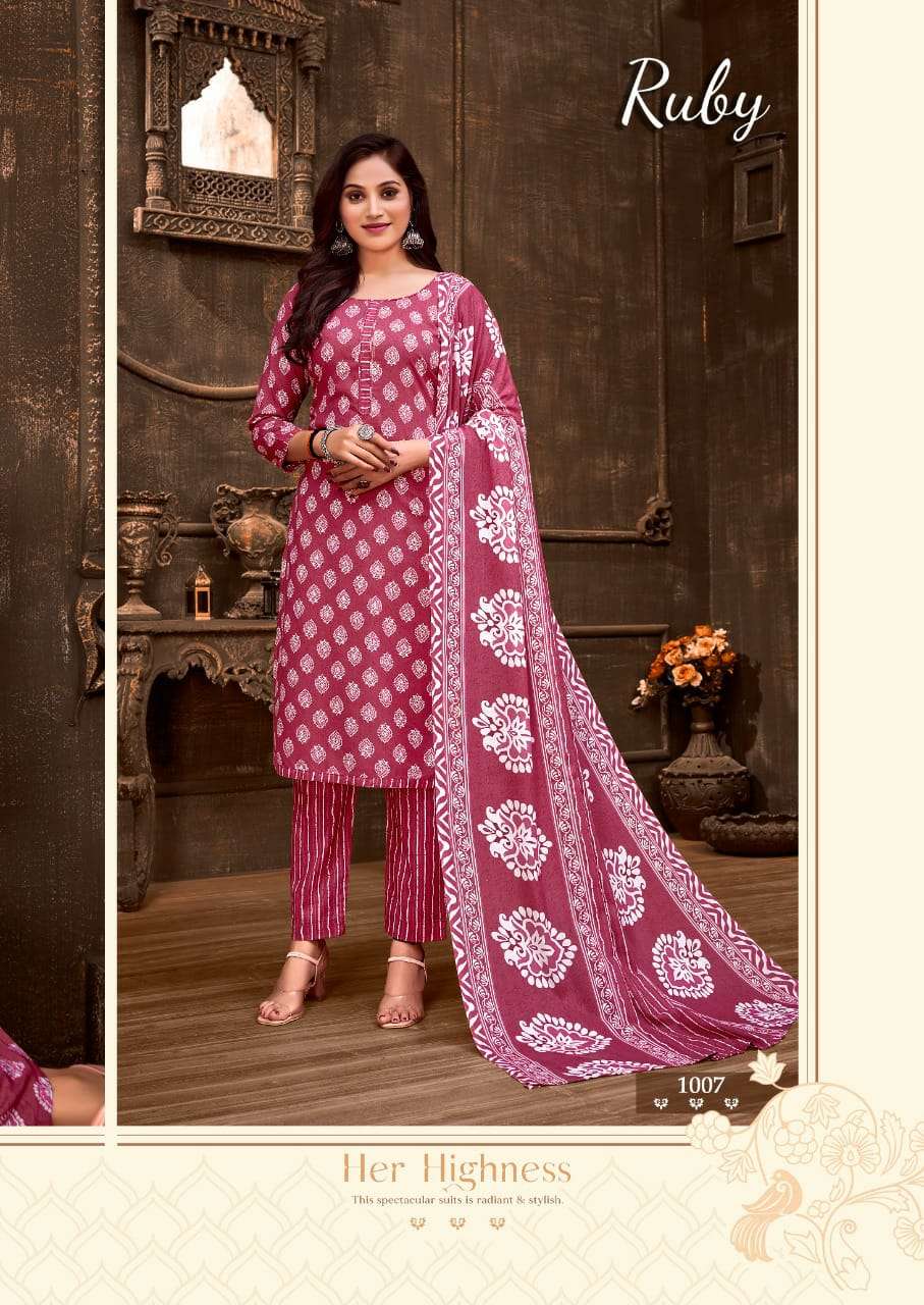 RUBY BY SKT SUITS 1001 TO 1008 SERIES BEAUTIFUL SUITS COLORFUL STYLISH FANCY CASUAL WEAR & ETHNIC WEAR SOFT COTTON PRINT DRESSES AT WHOLESALE PRICE