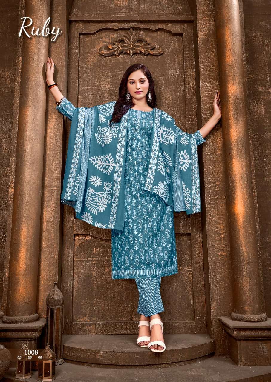 RUBY BY SKT SUITS 1001 TO 1008 SERIES BEAUTIFUL SUITS COLORFUL STYLISH FANCY CASUAL WEAR & ETHNIC WEAR SOFT COTTON PRINT DRESSES AT WHOLESALE PRICE
