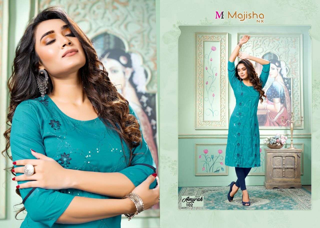 AMIRAH VOL-1 BY MAJISHA NX 101 TO 108 SERIES DESIGNER STYLISH FANCY COLORFUL BEAUTIFUL PARTY WEAR & ETHNIC WEAR COLLECTION PURE RAYON KURTIS AT WHOLESALE PRICE