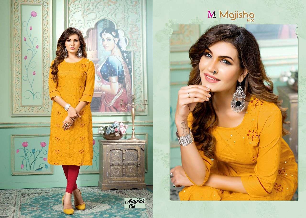 AMIRAH VOL-1 BY MAJISHA NX 101 TO 108 SERIES DESIGNER STYLISH FANCY COLORFUL BEAUTIFUL PARTY WEAR & ETHNIC WEAR COLLECTION PURE RAYON KURTIS AT WHOLESALE PRICE
