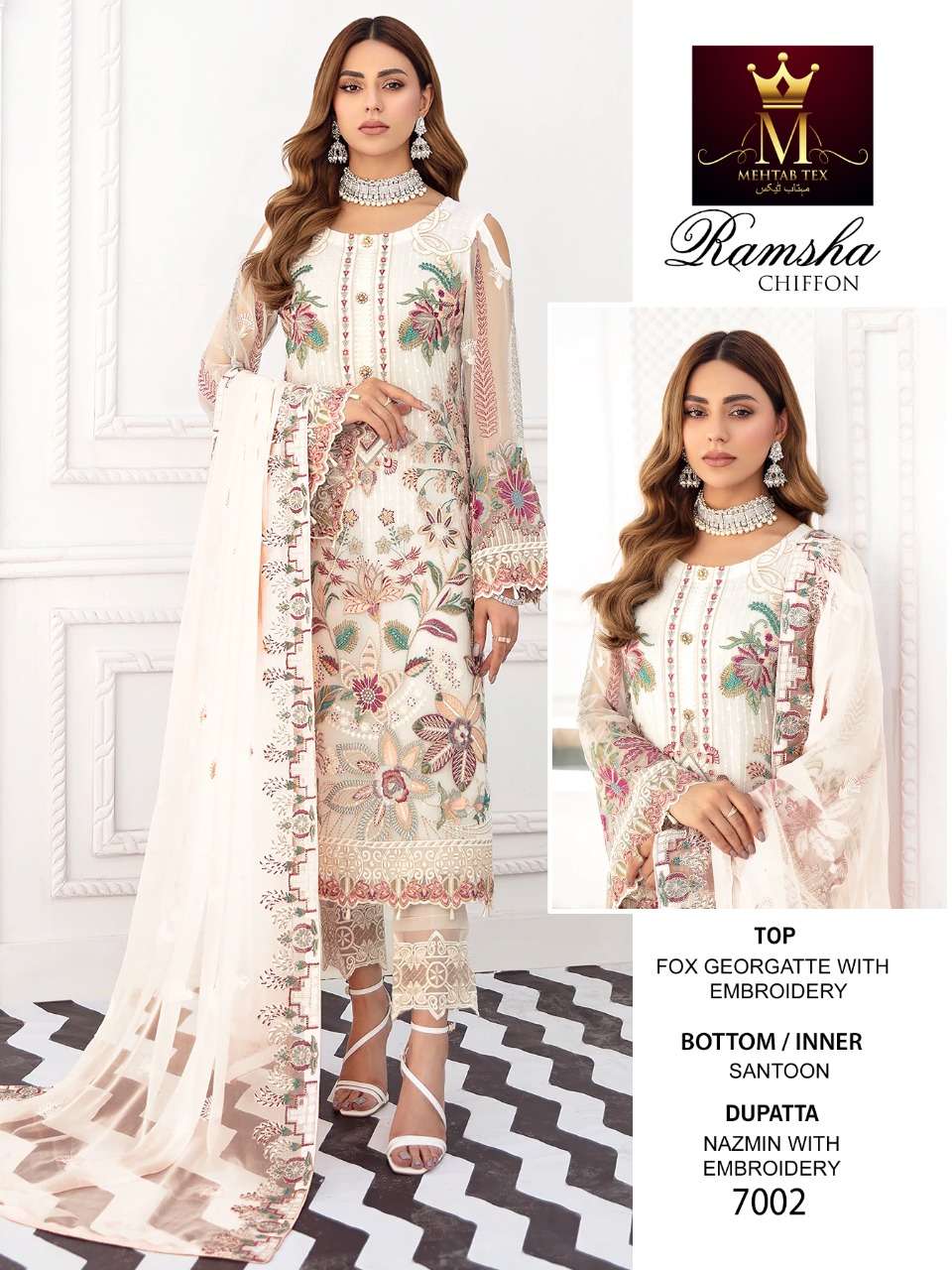 RAMSHA CHIFFON BY MEHTAB TEX 7002 TO 7004 SERIES PAKISTANI SUITS BEAUTIFUL FANCY COLORFUL STYLISH PARTY WEAR & OCCASIONAL WEAR FAUX GEORGETTE WITH EMBROIDERY DRESSES AT WHOLESALE PRICE