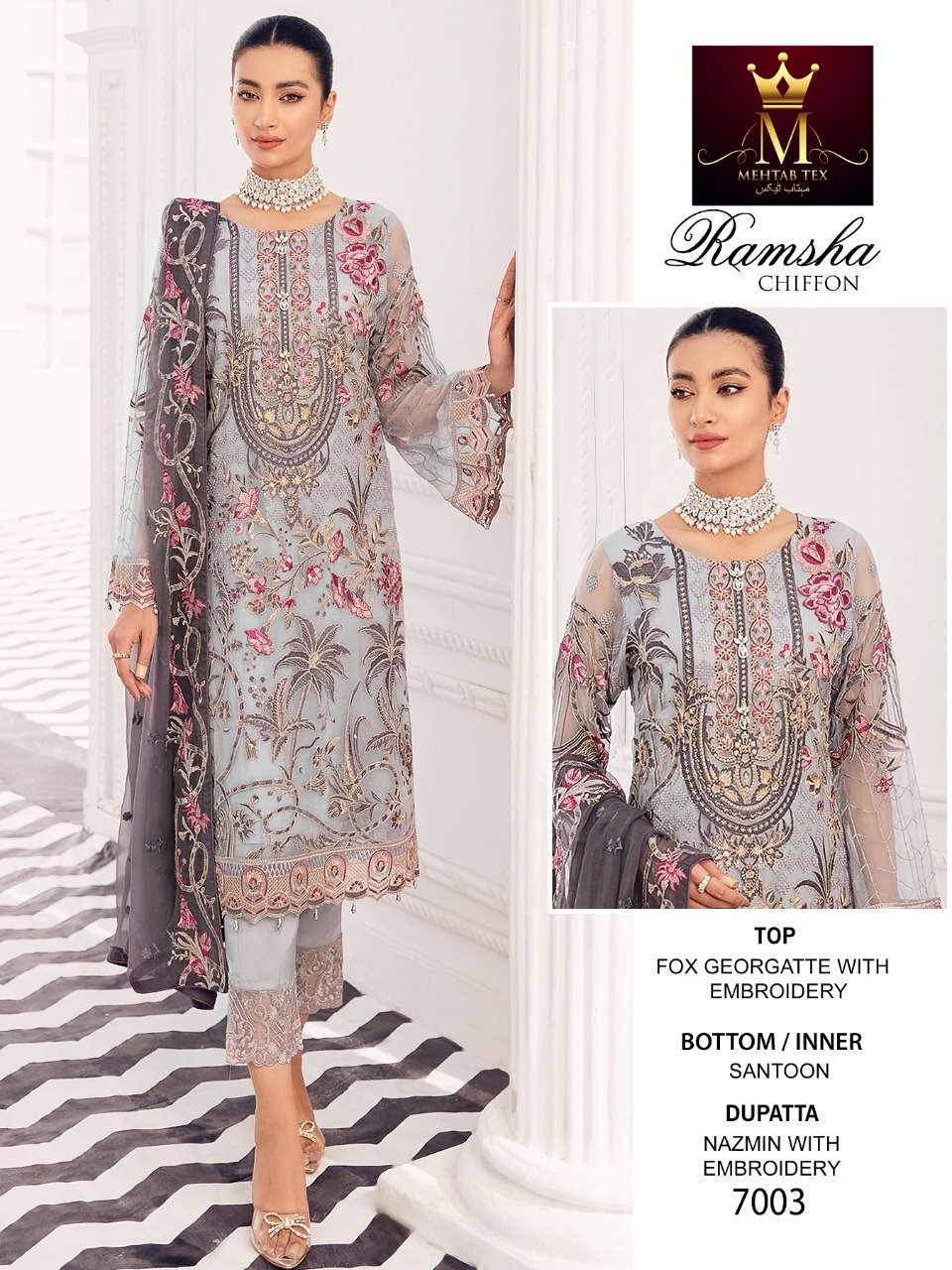 RAMSHA CHIFFON BY MEHTAB TEX 7002 TO 7004 SERIES PAKISTANI SUITS BEAUTIFUL FANCY COLORFUL STYLISH PARTY WEAR & OCCASIONAL WEAR FAUX GEORGETTE WITH EMBROIDERY DRESSES AT WHOLESALE PRICE