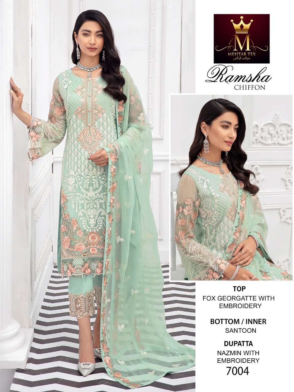 RAMSHA CHIFFON BY MEHTAB TEX 7002 TO 7004 SERIES PAKISTANI SUITS BEAUTIFUL FANCY COLORFUL STYLISH PARTY WEAR & OCCASIONAL WEAR FAUX GEORGETTE WITH EMBROIDERY DRESSES AT WHOLESALE PRICE
