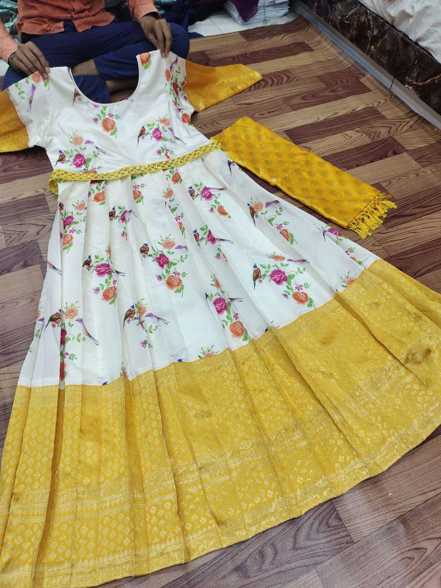 Premium Chanderi flared Gown with Buttons on the Neckline and Banarasi  dupatta | Anu Vastralaya