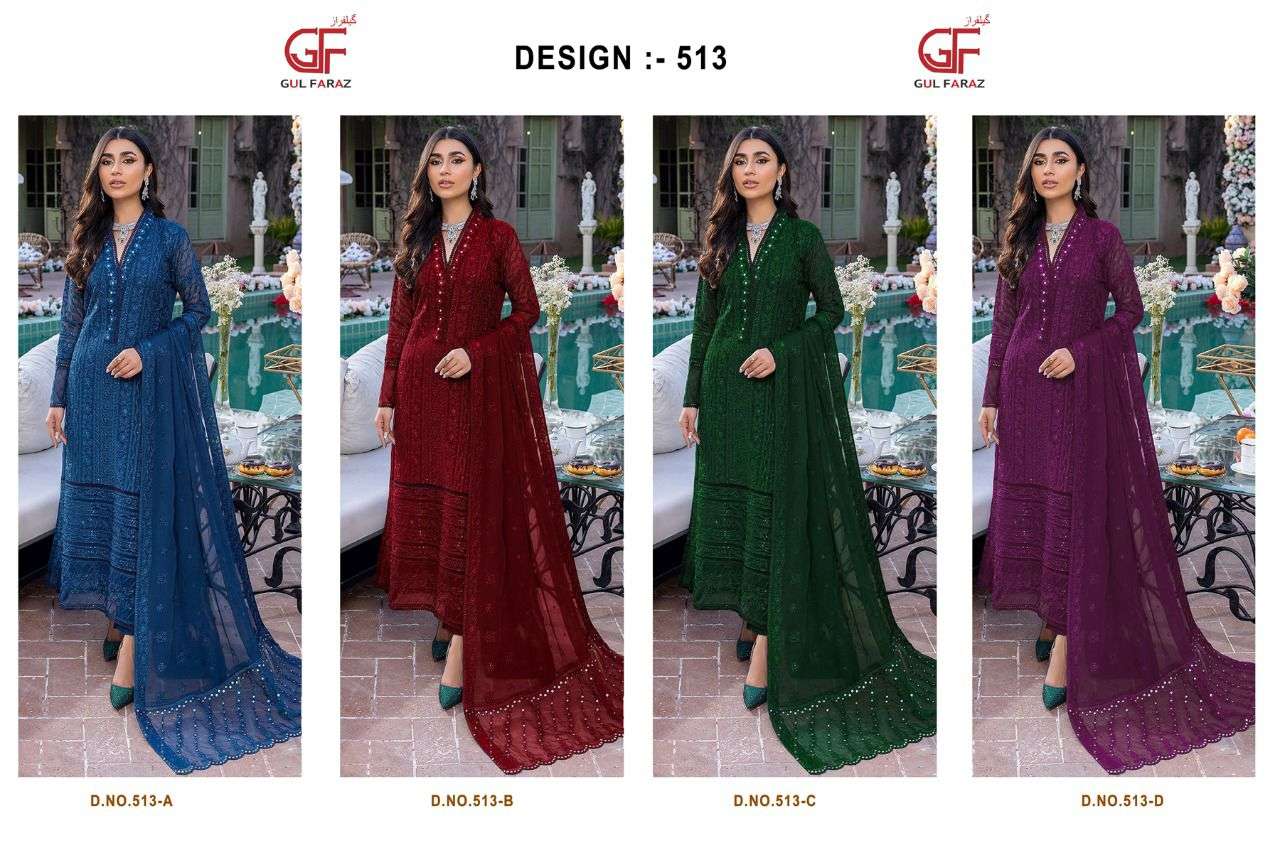 GUL FARAZ 513 COLOURS BY GUL FARAZ 513-A TO 513-D SERIES BEAUTIFUL PAKISTANI SUITS COLORFUL STYLISH FANCY CASUAL WEAR & ETHNIC WEAR FAUX GEORGETTE EMBROIDERED DRESSES AT WHOLESALE PRICE
