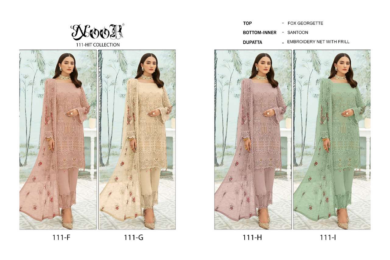 NOOR 111 COLOURS VOL-2 BY NOOR 111-F TO 111-I SERIES PAKISTANI STYLISH BEAUTIFUL COLOURFUL PRINTED & EMBROIDERED PARTY WEAR & OCCASIONAL WEAR FAUX GEORGETTE EMBROIDERED DRESSES AT WHOLESALE PRICE