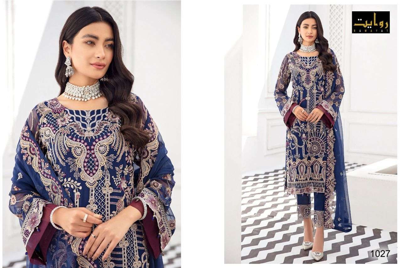 RANGOON VOL-3 BY RAWAYAT 1026 TO 1029 SERIES DESIGNER FESTIVE PAKISTANI SUITS COLLECTION BEAUTIFUL STYLISH FANCY COLORFUL PARTY WEAR & OCCASIONAL WEAR FAUX GEORGETTE EMBROIDERED DRESSES AT WHOLESALE PRICE