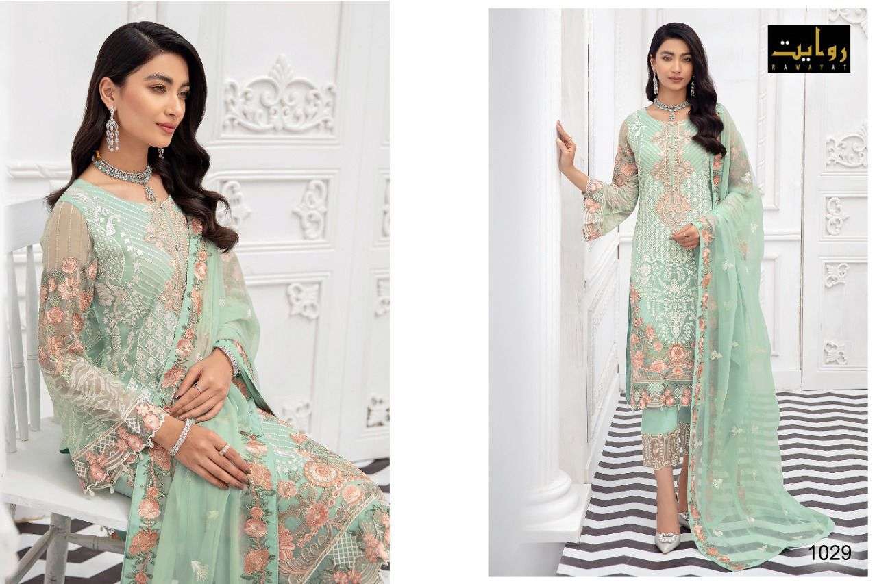 RANGOON VOL-3 BY RAWAYAT 1026 TO 1029 SERIES DESIGNER FESTIVE PAKISTANI SUITS COLLECTION BEAUTIFUL STYLISH FANCY COLORFUL PARTY WEAR & OCCASIONAL WEAR FAUX GEORGETTE EMBROIDERED DRESSES AT WHOLESALE PRICE