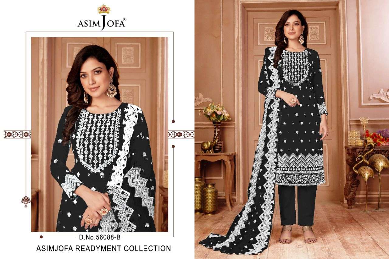 ASIM JOFA HIT DESIGN 56088 COLOURS BY ASIM JOFA 56088-A TO 56088-B SERIES BEAUTIFUL SUITS STYLISH COLORFUL FANCY CASUAL WEAR & ETHNIC WEAR PURE GEORGETTE EMBROIDERED DRESSES AT WHOLESALE PRICE