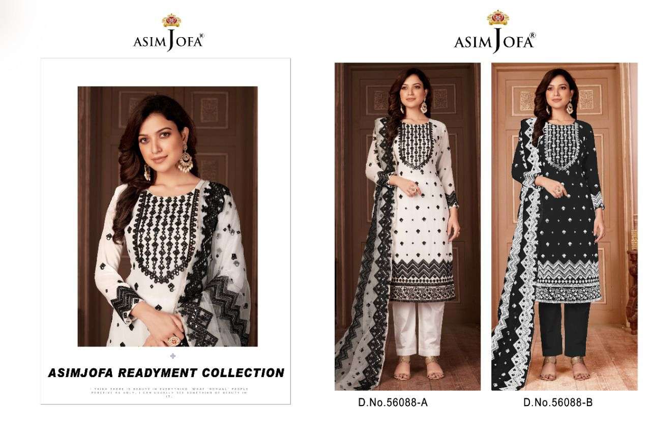 ASIM JOFA HIT DESIGN 56088 COLOURS BY ASIM JOFA 56088-A TO 56088-B SERIES BEAUTIFUL SUITS STYLISH COLORFUL FANCY CASUAL WEAR & ETHNIC WEAR PURE GEORGETTE EMBROIDERED DRESSES AT WHOLESALE PRICE