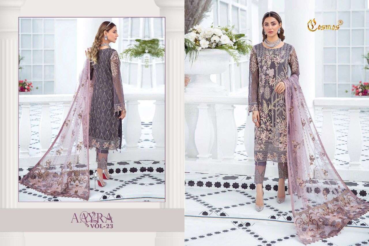 AAYRA VOL-23 BY COSMOS 2301 TO 2306 SERIES DESIGNER FESTIVE PAKISTANI SUITS COLLECTION BEAUTIFUL STYLISH FANCY COLORFUL PARTY WEAR & OCCASIONAL WEAR FAUX GEORGETTE EMBROIDERED DRESSES AT WHOLESALE PRICE