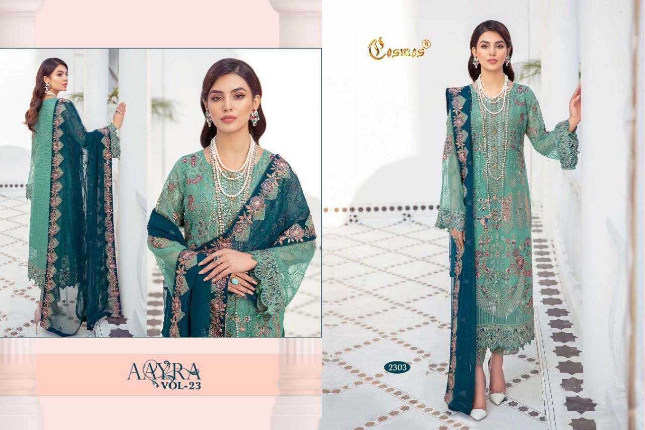 AAYRA VOL-23 BY COSMOS 2301 TO 2306 SERIES DESIGNER FESTIVE PAKISTANI SUITS COLLECTION BEAUTIFUL STYLISH FANCY COLORFUL PARTY WEAR & OCCASIONAL WEAR FAUX GEORGETTE EMBROIDERED DRESSES AT WHOLESALE PRICE