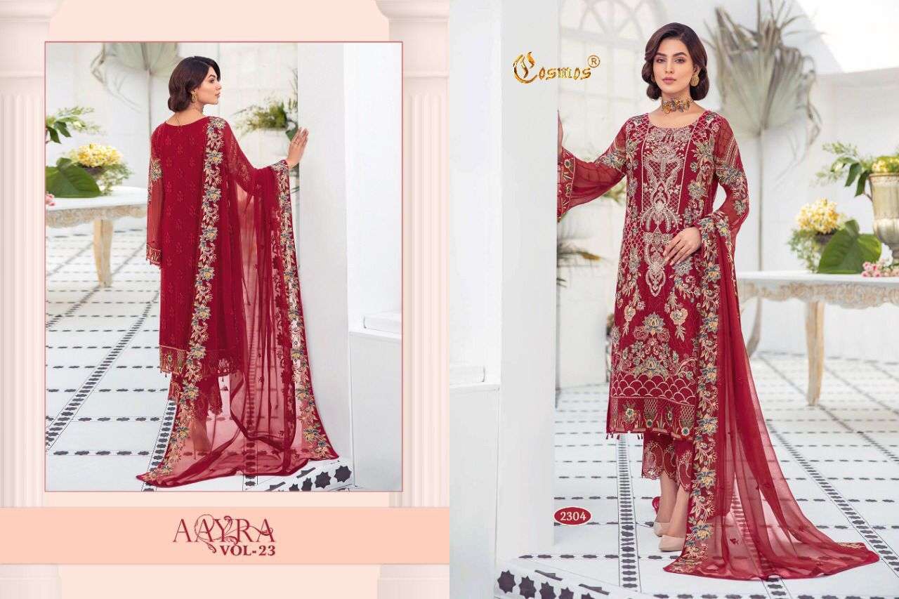 AAYRA VOL-23 BY COSMOS 2301 TO 2306 SERIES DESIGNER FESTIVE PAKISTANI SUITS COLLECTION BEAUTIFUL STYLISH FANCY COLORFUL PARTY WEAR & OCCASIONAL WEAR FAUX GEORGETTE EMBROIDERED DRESSES AT WHOLESALE PRICE