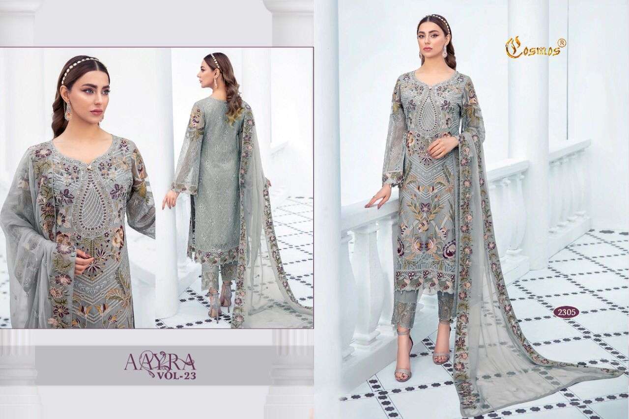 AAYRA VOL-23 BY COSMOS 2301 TO 2306 SERIES DESIGNER FESTIVE PAKISTANI SUITS COLLECTION BEAUTIFUL STYLISH FANCY COLORFUL PARTY WEAR & OCCASIONAL WEAR FAUX GEORGETTE EMBROIDERED DRESSES AT WHOLESALE PRICE