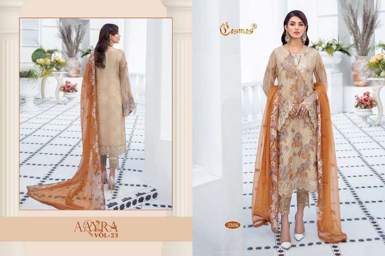 AAYRA VOL-23 BY COSMOS 2301 TO 2306 SERIES DESIGNER FESTIVE PAKISTANI SUITS COLLECTION BEAUTIFUL STYLISH FANCY COLORFUL PARTY WEAR & OCCASIONAL WEAR FAUX GEORGETTE EMBROIDERED DRESSES AT WHOLESALE PRICE