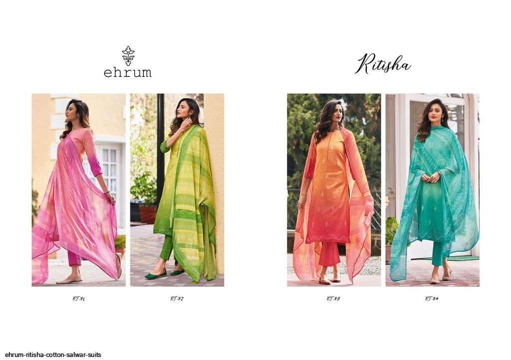 RITISHA BY EHRUM 71 TO 74 SERIES BEAUTIFUL SUITS COLORFUL STYLISH FANCY CASUAL WEAR & ETHNIC WEAR COTTON SATIN PRINT DRESSES AT WHOLESALE PRICE