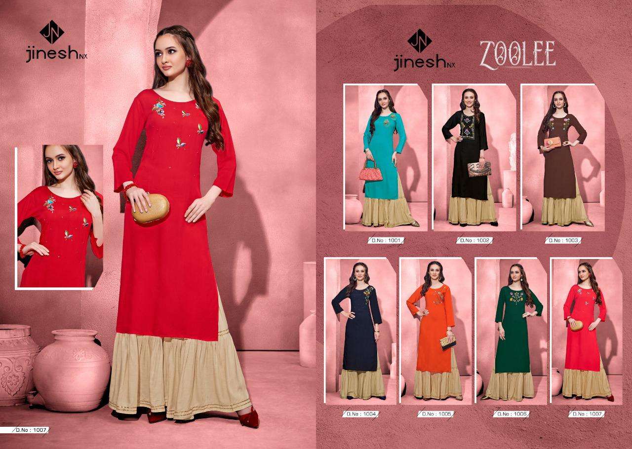 ZOOLEE BY JINESH NX 1001 TO 1007 SERIES DESIGNER STYLISH FANCY COLORFUL BEAUTIFUL PARTY WEAR & ETHNIC WEAR COLLECTION RAYON WITH WORK KURTIS WITH BOTTOM AT WHOLESALE PRICE