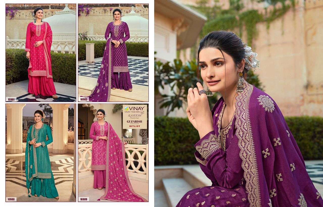 KASEESH GUZARISH HITLIST BY VINAY FASHION BEAUTIFUL STYLISH SHARARA SUITS FANCY COLORFUL CASUAL WEAR & ETHNIC WEAR & READY TO WEAR DOLA JACQUARD EMBROIDERED DRESSES AT WHOLESALE PRICE