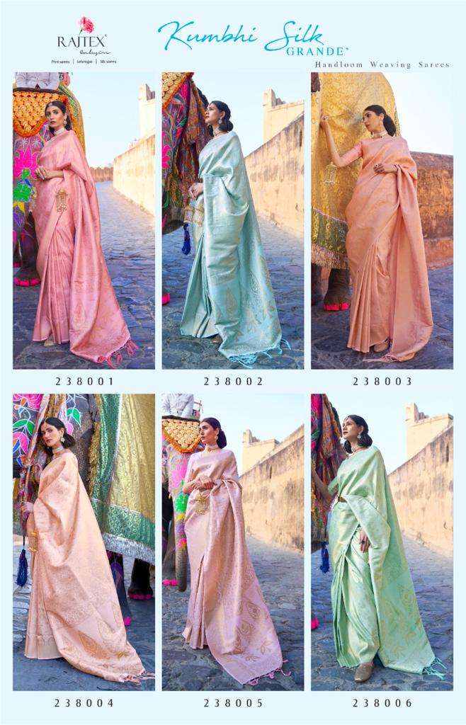 KUMBHI SILK GRANDE BY RAJ TEX 238001 TO 238006 SERIES COLORFUL BEAUTIFUL FANCY PARTY WEAR & TRADITIONAL WEAR HANDLOOM WEAVING SILK SAREES AT WHOLESALE PRICE