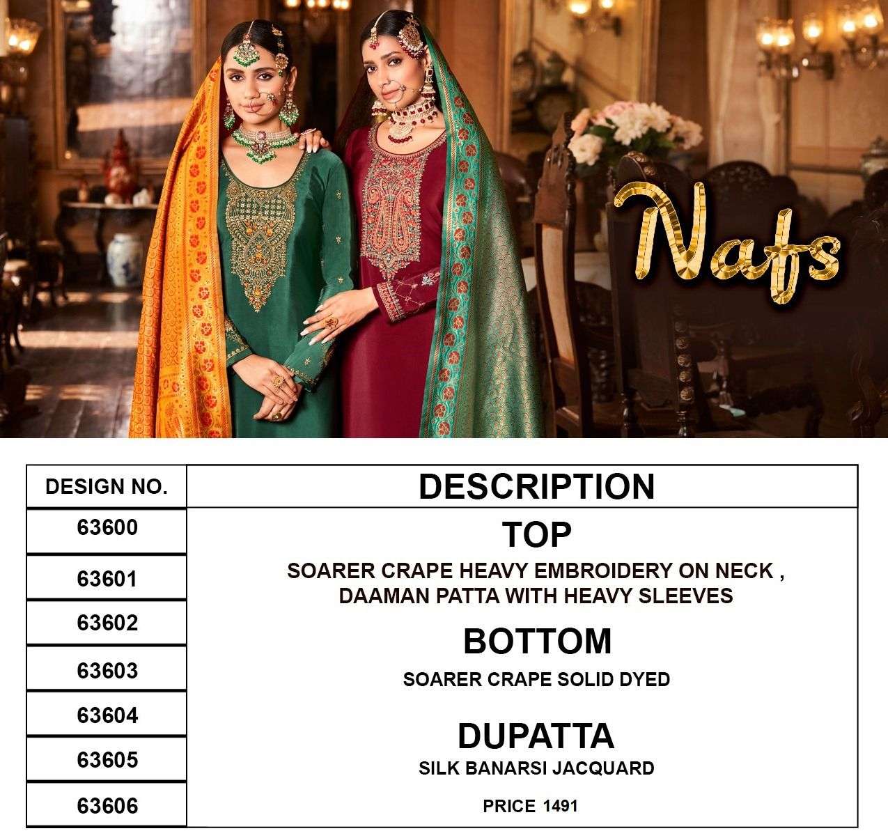 NAFS BY RIANA 63600 TO 63606 SERIES BEAUTIFUL SUITS COLORFUL STYLISH FANCY CASUAL WEAR & ETHNIC WEAR CREPE EMBROIDERED DRESSES AT WHOLESALE PRICE